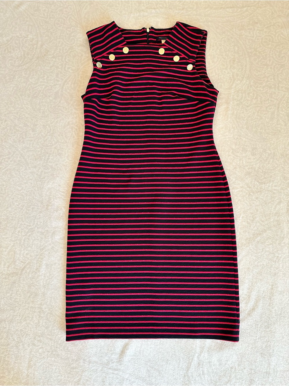 Tommy Hilfiger Navy and Pink Striped Midi Sheath Dress with Gold Buttons